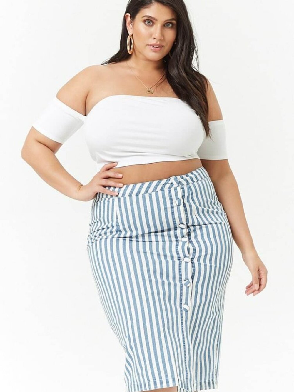 Forever 21 Plus Size Blue Ivory Striped Button-Front Skirt 3X